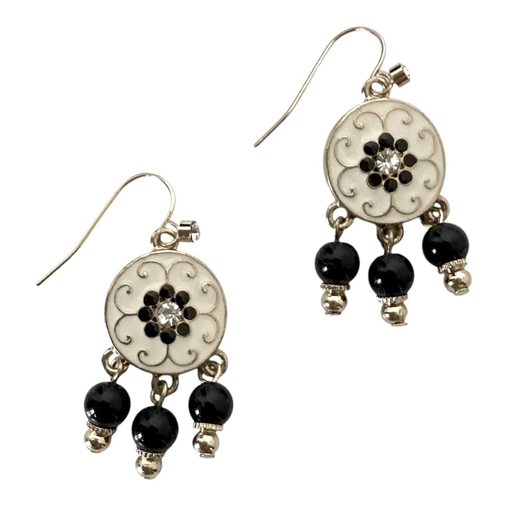 2028 Gold Tone Chandelier Earrings White Enamel Black Beads And Crystal Accents